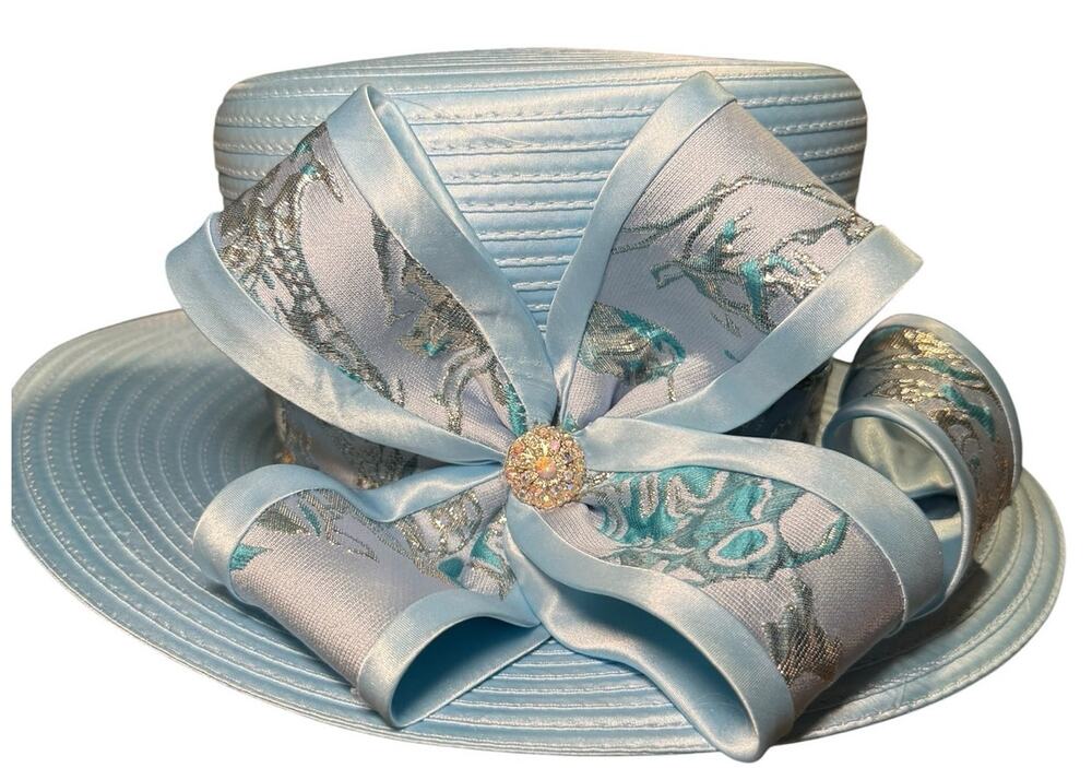 Light Blue Satin Church Dress Hat, Wide Brim Rhinestone Bow Floral, Medium